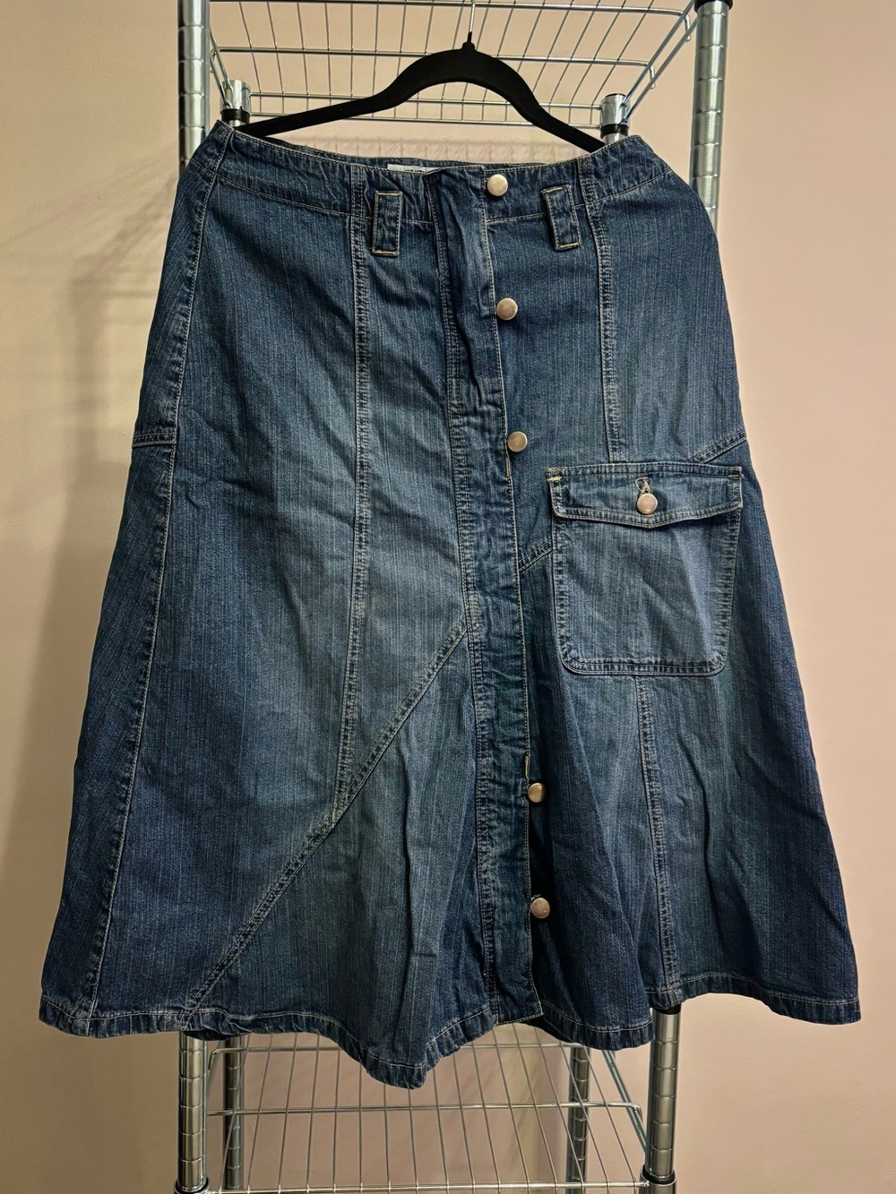 Vintage Dark Blue Denim Button-Front A-Line Skirt